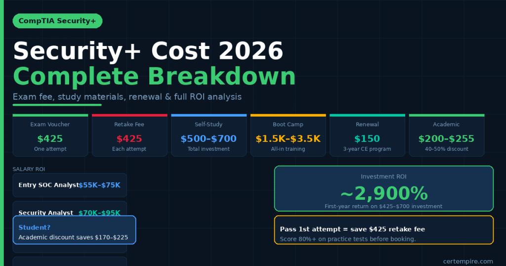 CompTIA Security+ certification cost 2026 — exam fee, study materials, and ROI breakdown